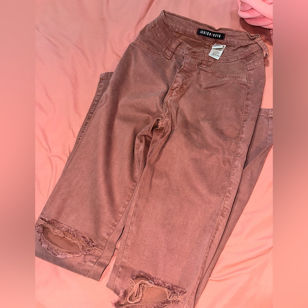 Fashion Nova Pink Straight Leg Jeans with Distressed Style